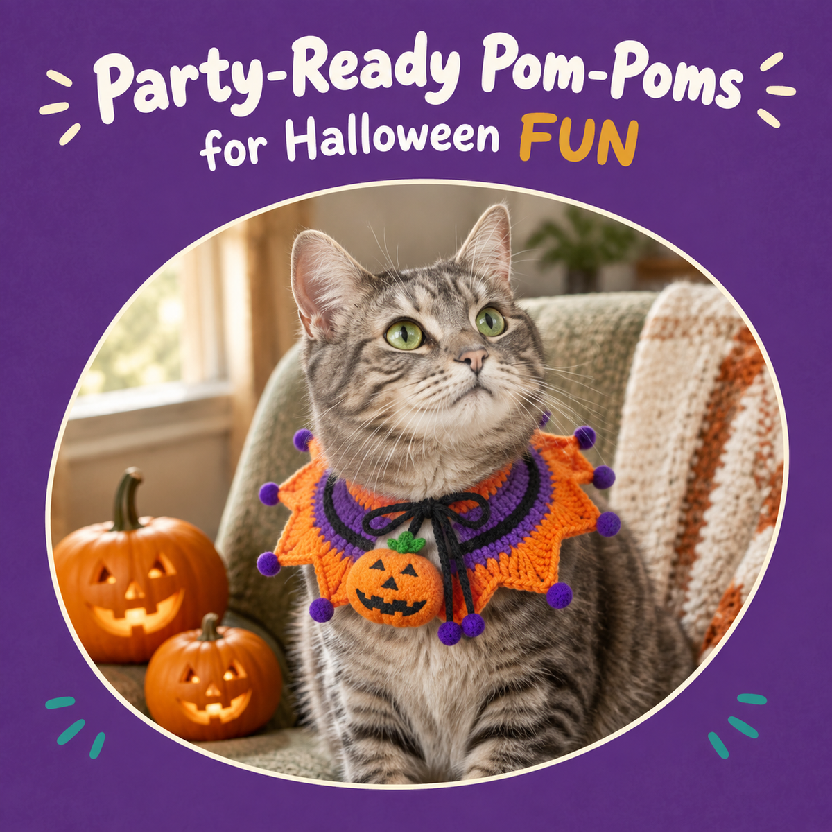 Cat wearing the LitterBond Pom-Pom Crochet Halloween Collar: Party-Ready Pom-Poms for Halloween FUN
