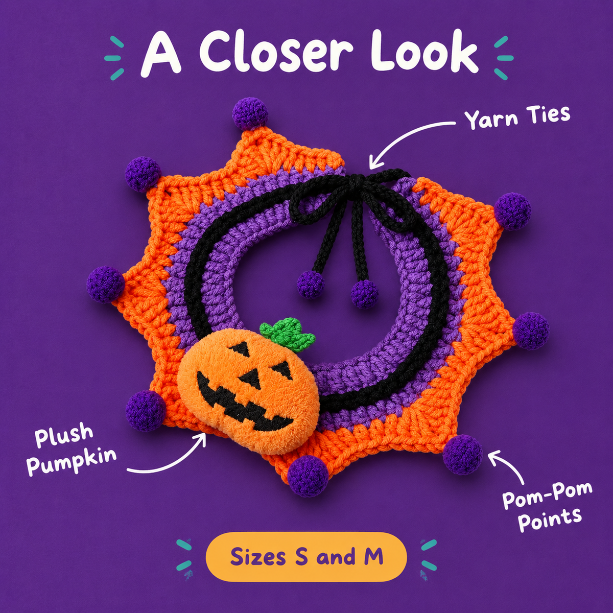 A Closer Look: LitterBond Pom-Pom Crochet Halloween Collar, Plush Pumpkin, Pom-Pom Points, Yarn Ties