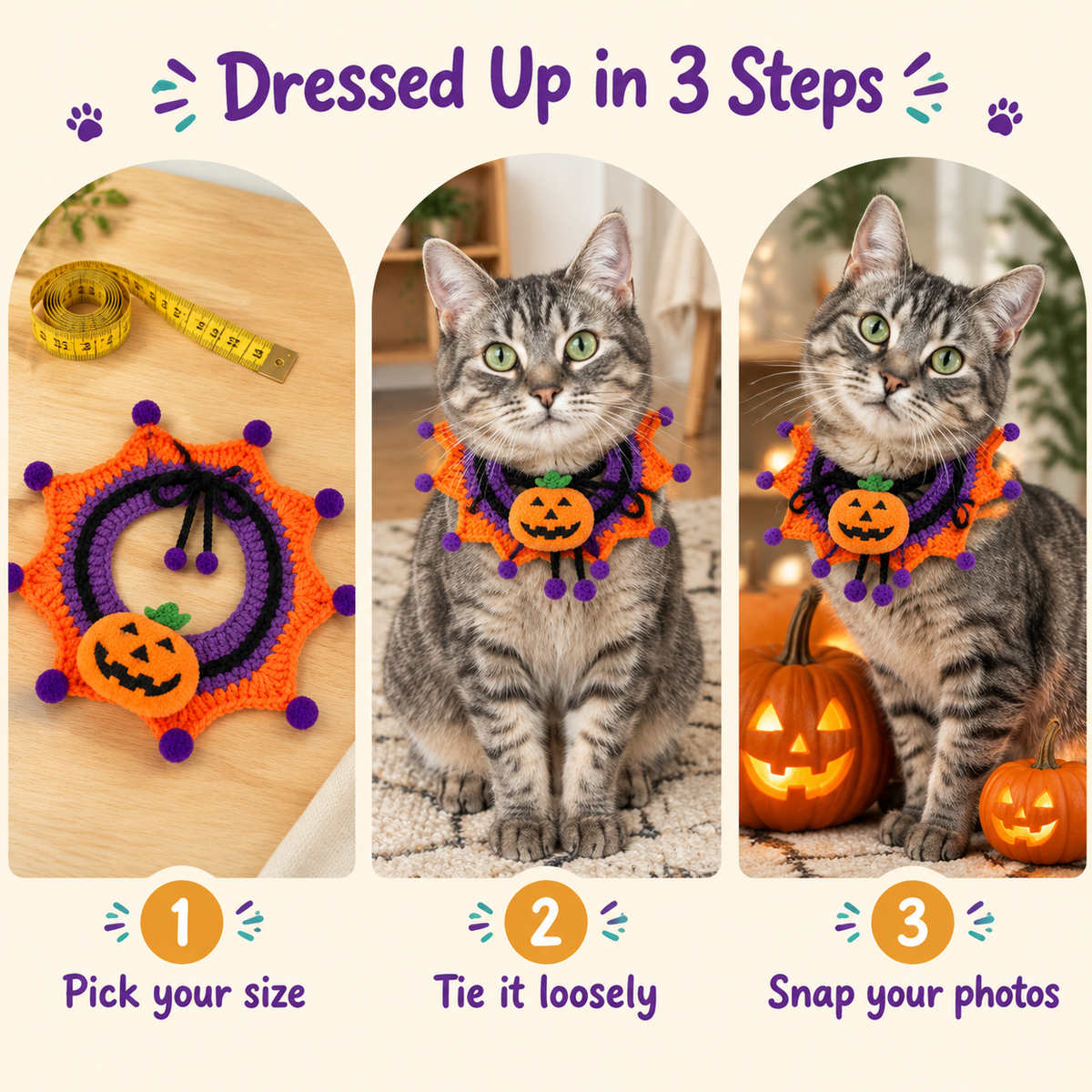 How to put on the LitterBond Pom-Pom Crochet Halloween Collar in 3 steps