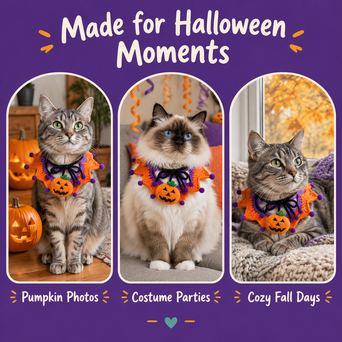 Cats wearing the LitterBond Pom-Pom Crochet Halloween Collar for Halloween photos, parties and cozy fall days