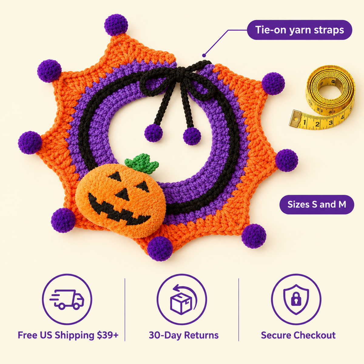 LitterBond Pom-Pom Crochet Halloween Collar size guide: Tie-on yarn straps, Sizes S and M; free US shipping on $39+, 30-day returns