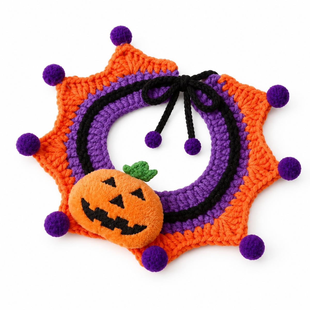 LitterBond Pom-Pom Crochet Halloween Collar, Pumpkin, on a white background