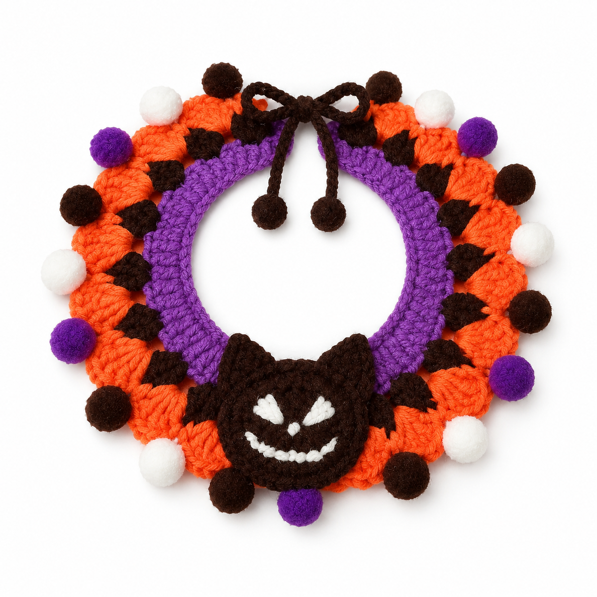 LitterBond Pom-Pom Crochet Halloween Collar, Black Ghost, on a white background