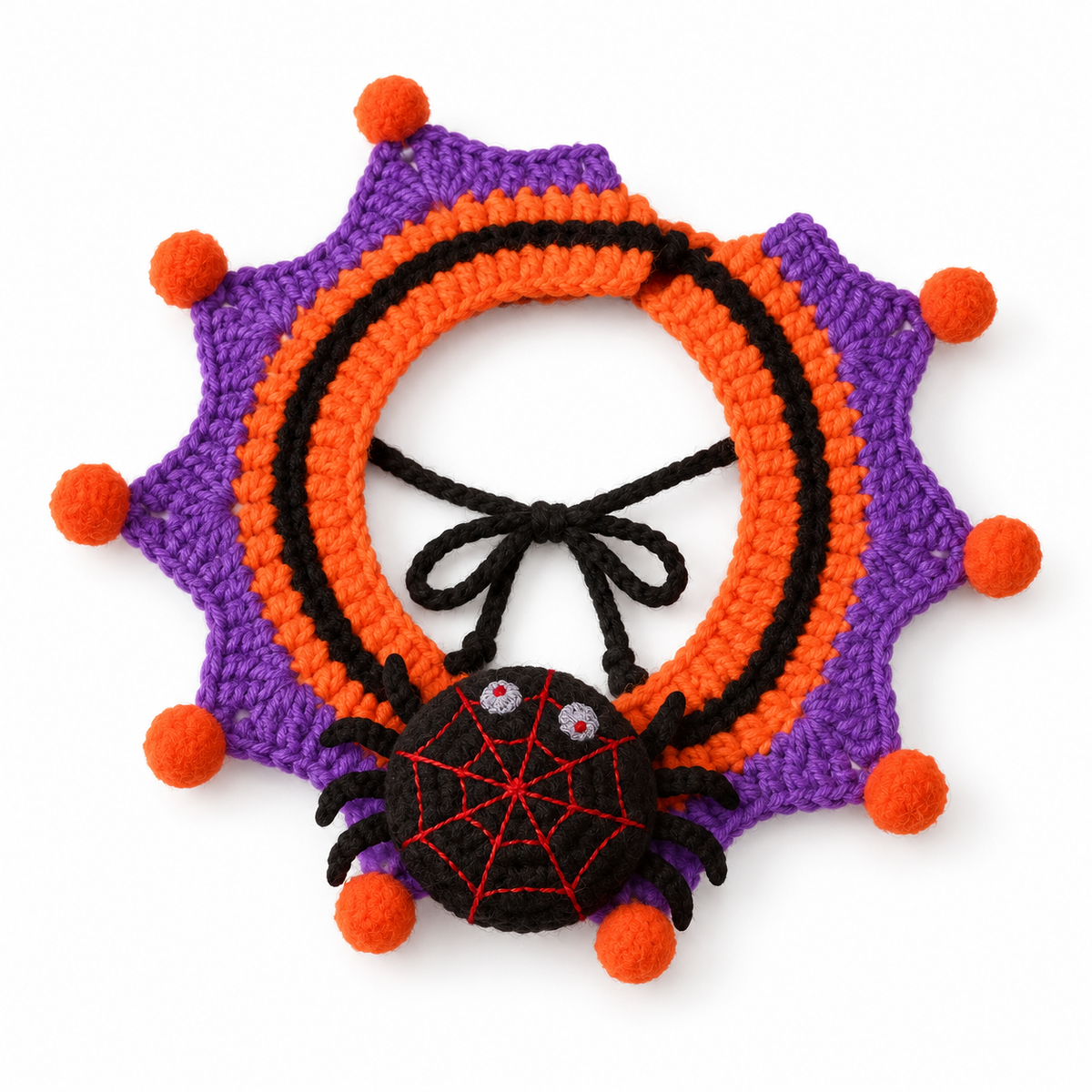 LitterBond Pom-Pom Crochet Halloween Collar, Spider, on a white background
