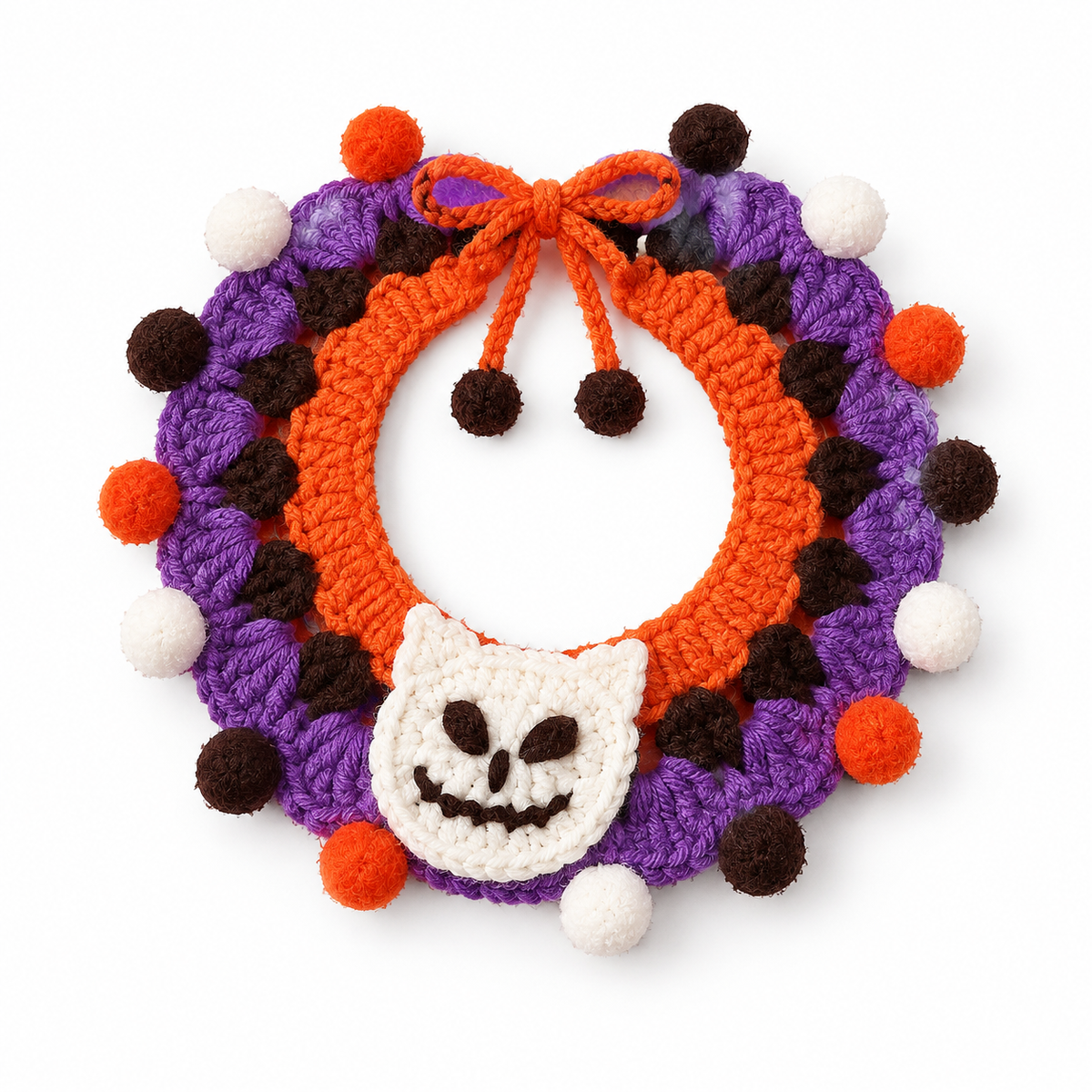 LitterBond Pom-Pom Crochet Halloween Collar, White Ghost, on a white background