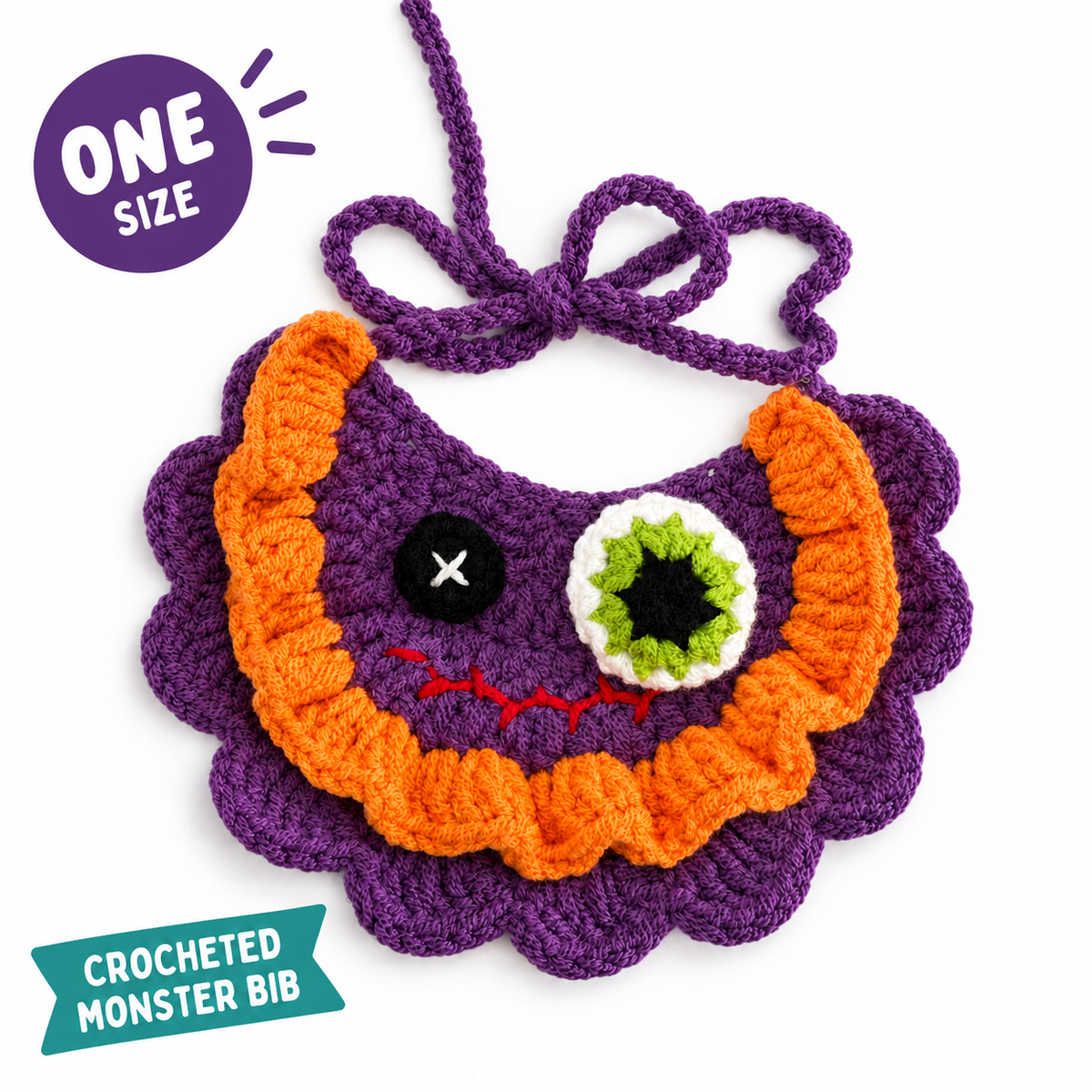 LitterBond Crochet Monster-Eye Bib on a white background, Crocheted monster bib