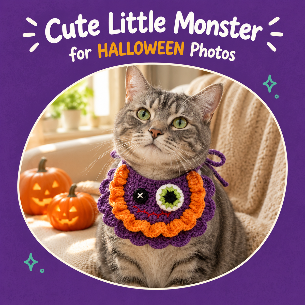 Cat wearing the LitterBond Crochet Monster-Eye Bib: Cute Little Monster for HALLOWEEN Photos