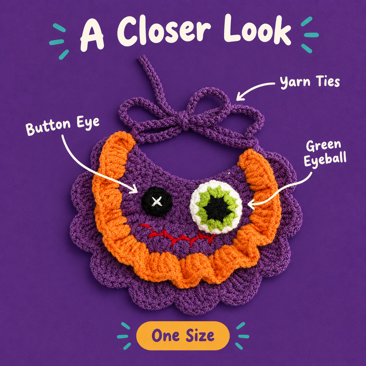 A Closer Look: LitterBond Crochet Monster-Eye Bib, Button Eye, Green Eyeball, Yarn Ties