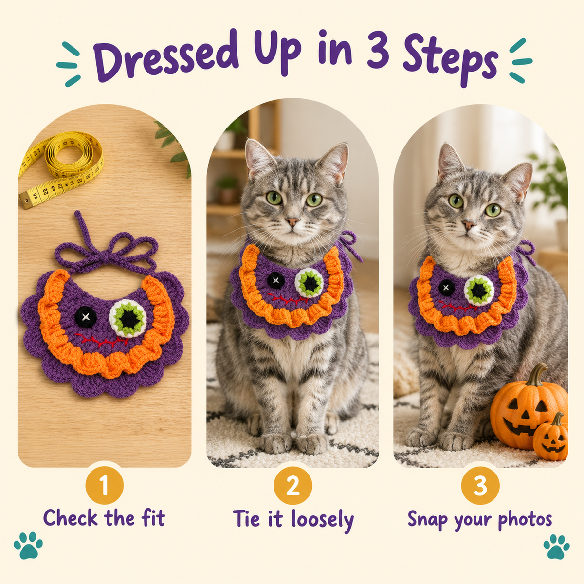 How to put on the LitterBond Crochet Monster-Eye Bib in 3 steps