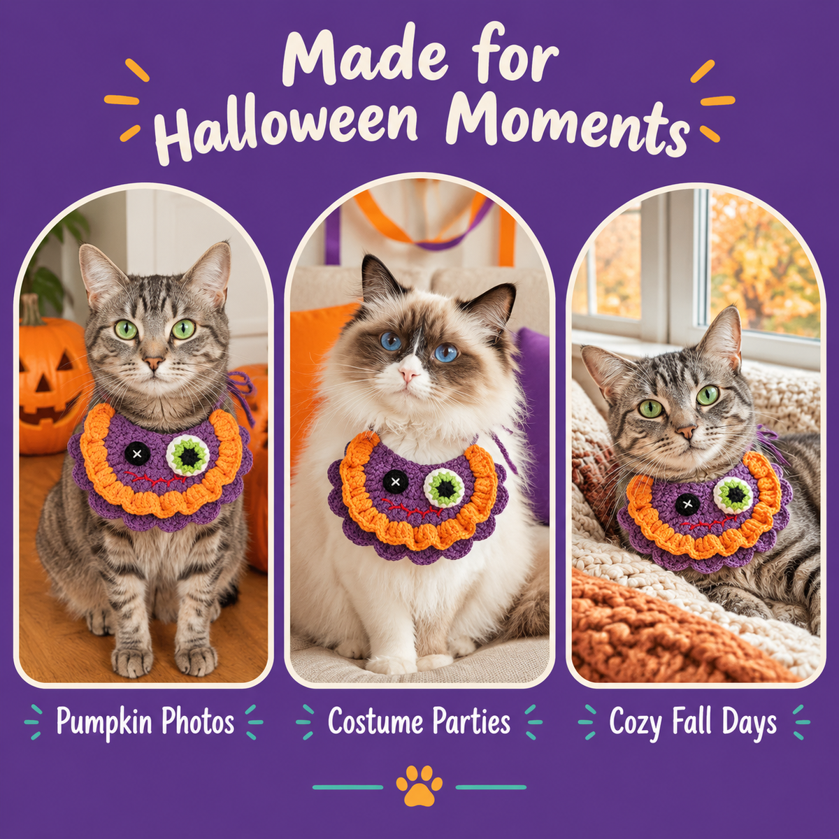Cats wearing the LitterBond Crochet Monster-Eye Bib for Halloween photos, parties and cozy fall days