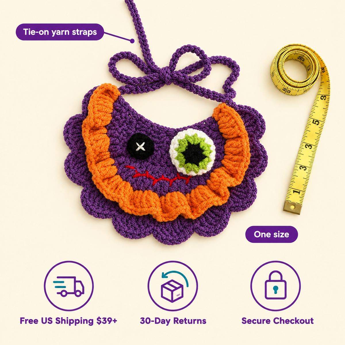 LitterBond Crochet Monster-Eye Bib size guide: Tie-on yarn straps, One size; free US shipping on $39+, 30-day returns