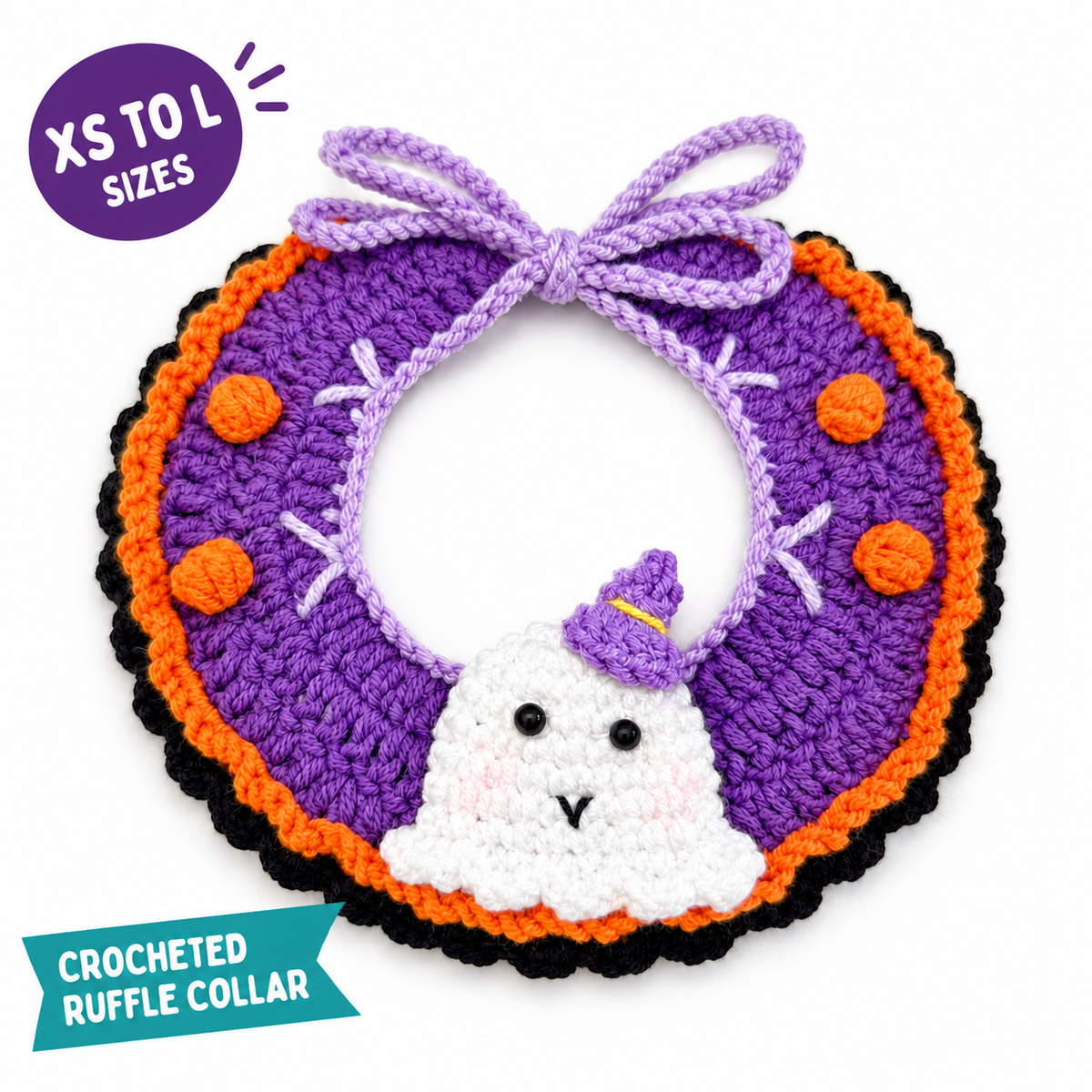 LitterBond Ruffled Crochet Halloween Collar on a white background, Crocheted ruffle collar