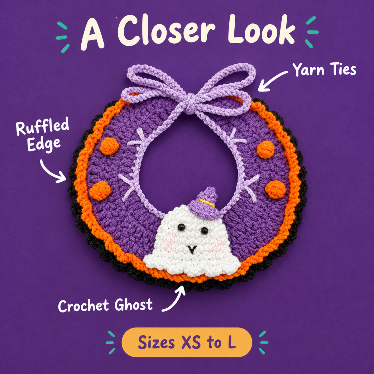 A Closer Look: LitterBond Ruffled Crochet Halloween Collar, Crochet Ghost, Ruffled Edge, Yarn Ties