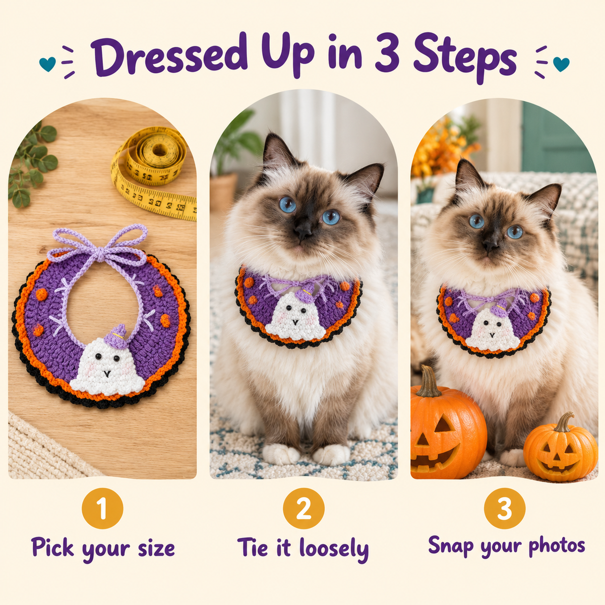 How to put on the LitterBond Ruffled Crochet Halloween Collar in 3 steps