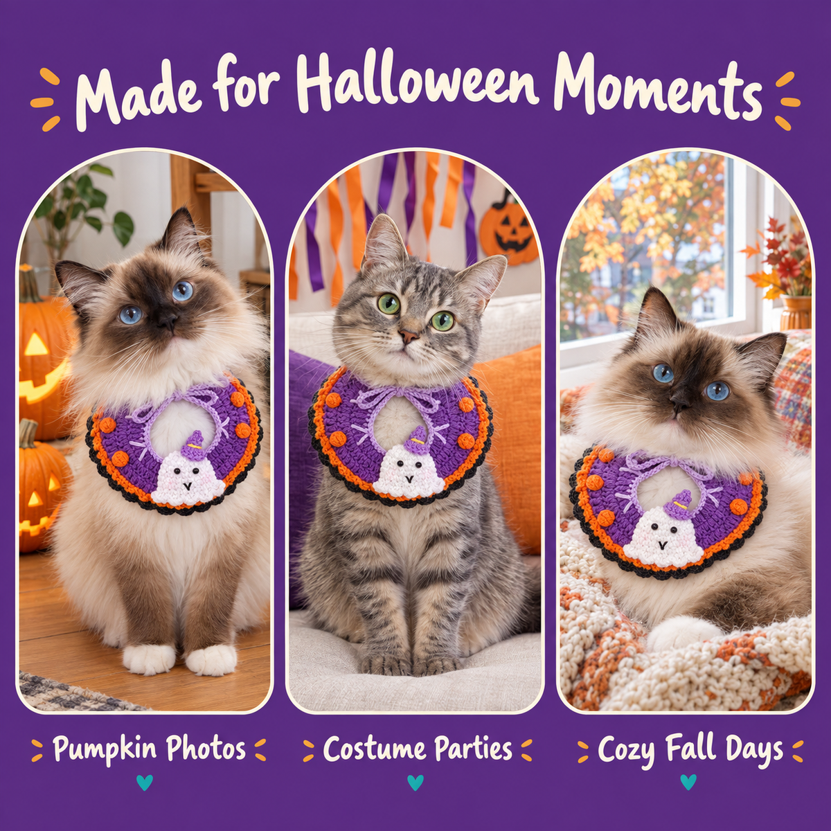 Cats wearing the LitterBond Ruffled Crochet Halloween Collar for Halloween photos, parties and cozy fall days