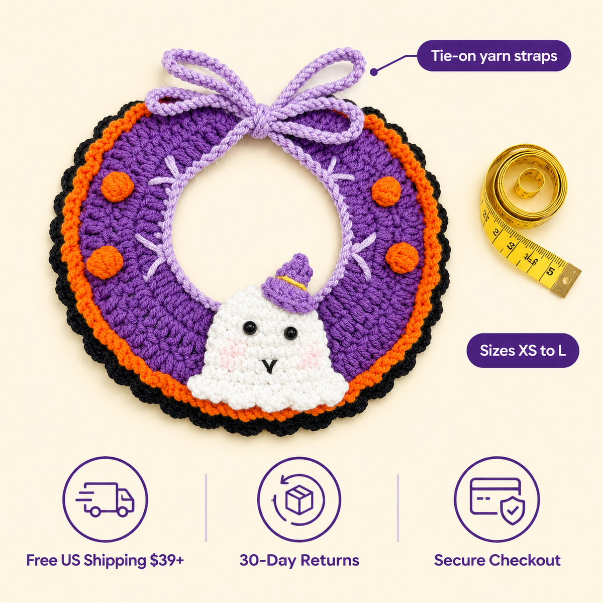 LitterBond Ruffled Crochet Halloween Collar size guide: Tie-on yarn straps, Sizes XS to L; free US shipping on $39+, 30-day returns