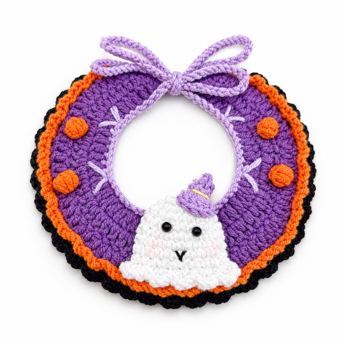 LitterBond Ruffled Crochet Halloween Collar, Purple Ghost, on a white background