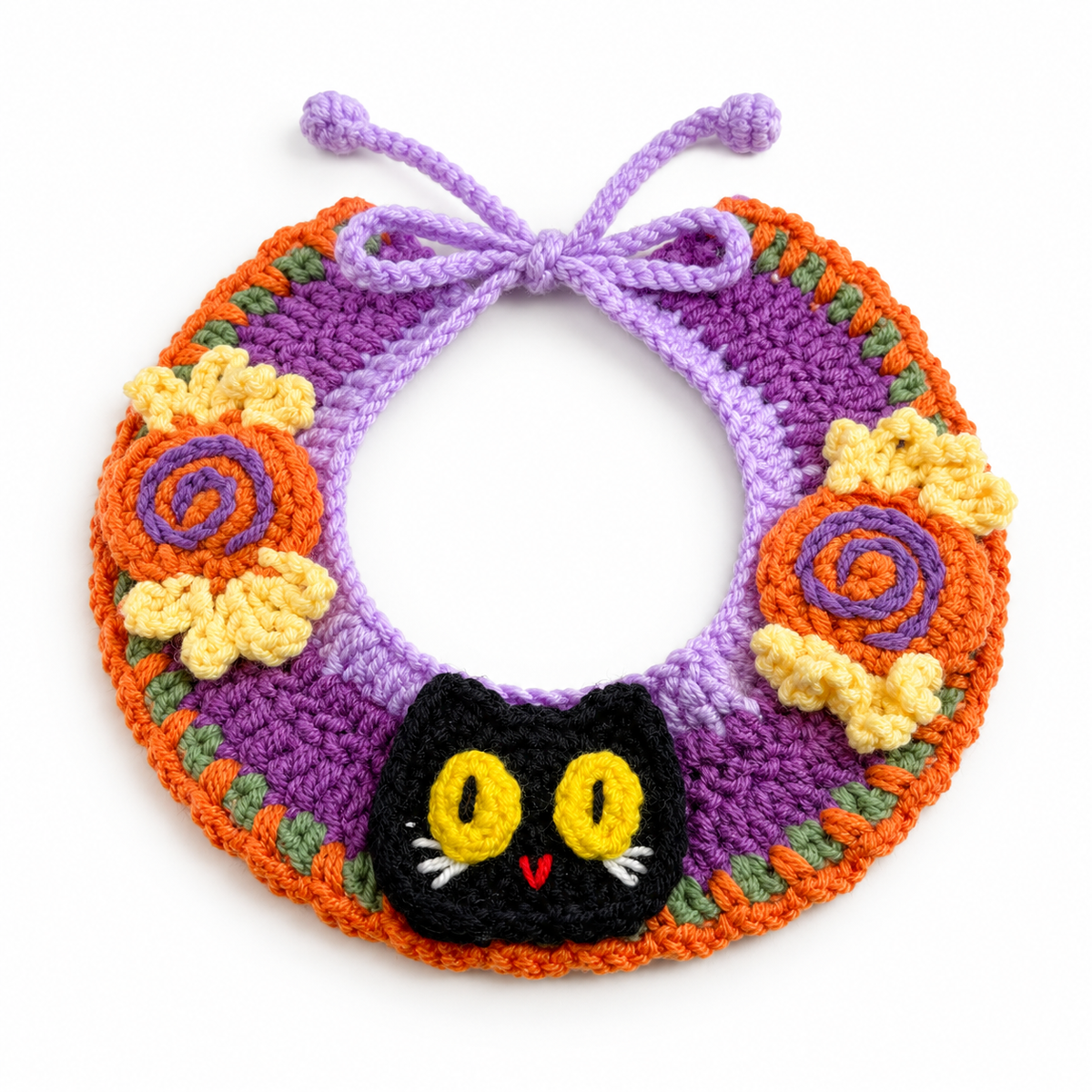 LitterBond Ruffled Crochet Halloween Collar, Black Kitty & Candy, on a white background