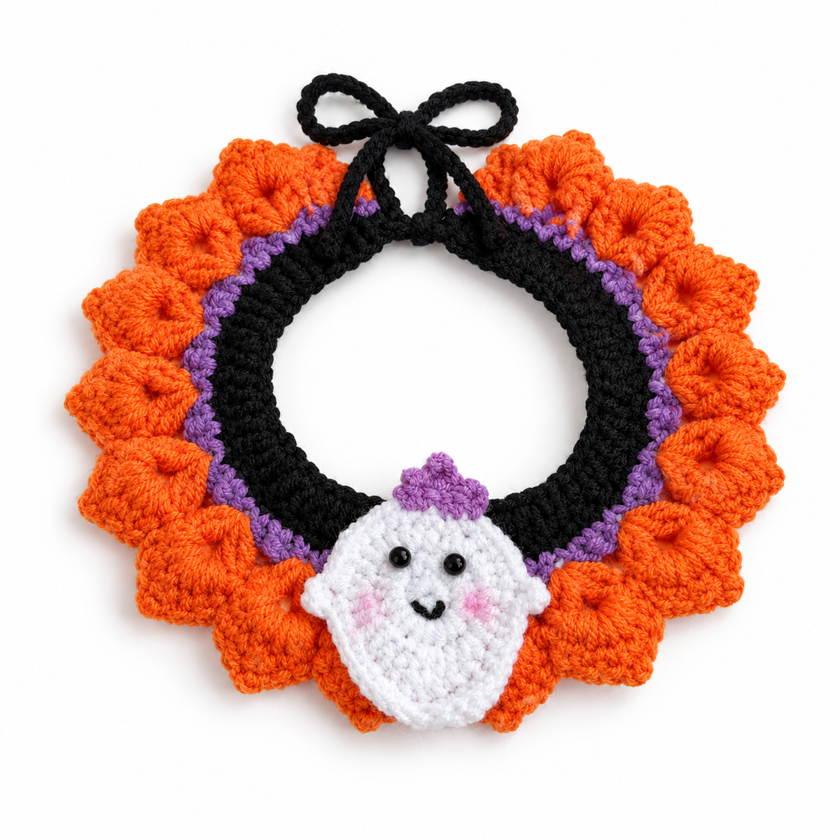 LitterBond Ruffled Crochet Halloween Collar, Orange Ruffle Ghost, on a white background