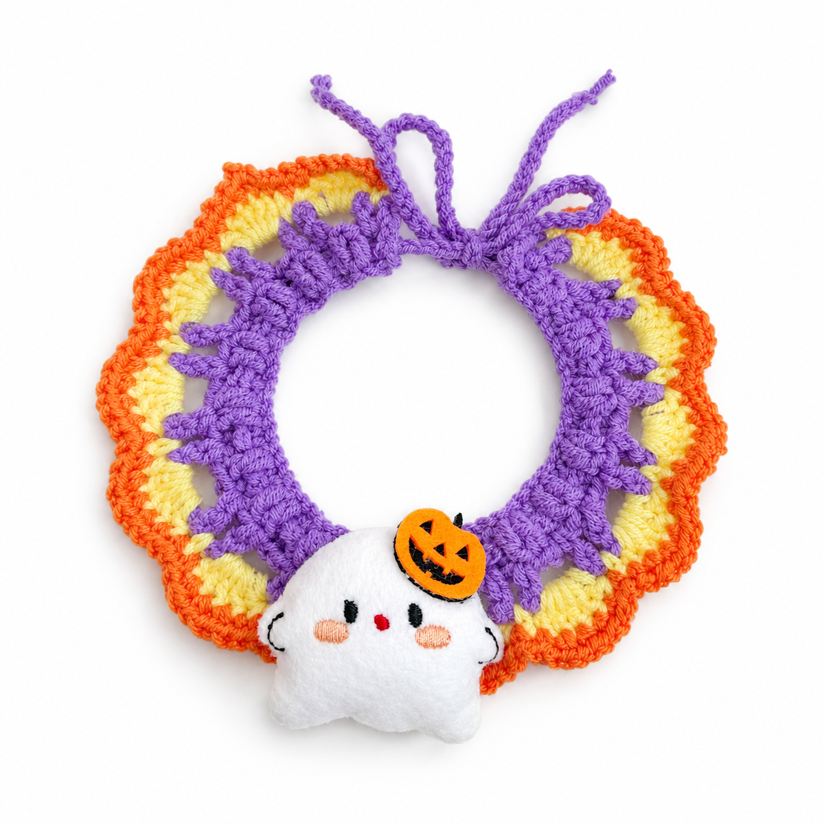 LitterBond Ruffled Crochet Halloween Collar, Plush Ghost & Pumpkin, on a white background