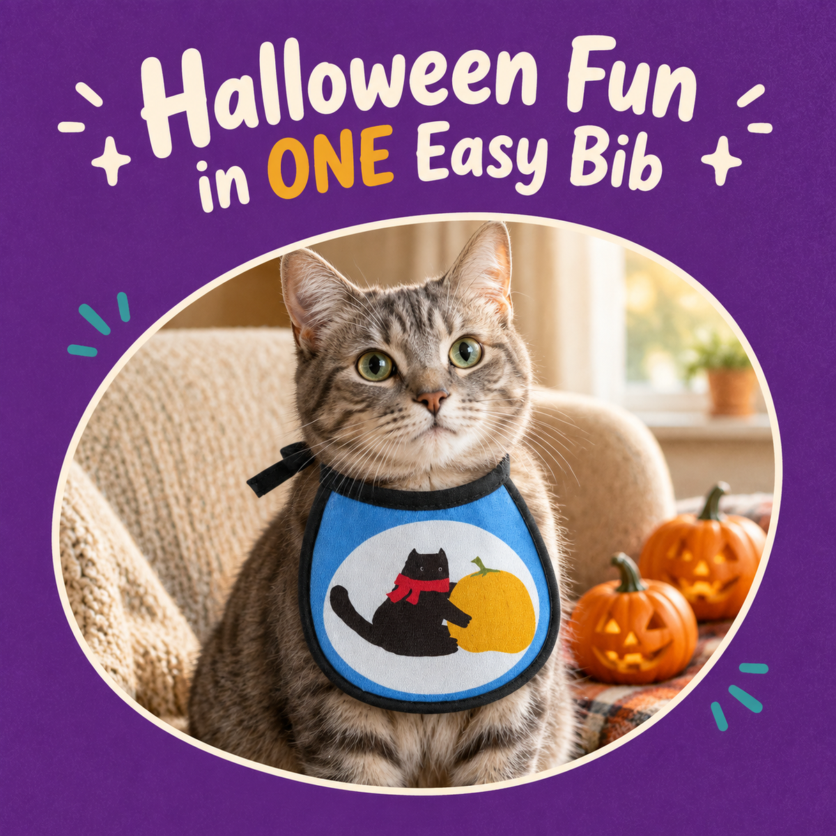 Cat wearing the LitterBond Printed Halloween Bib: Halloween Fun in ONE Easy Bib