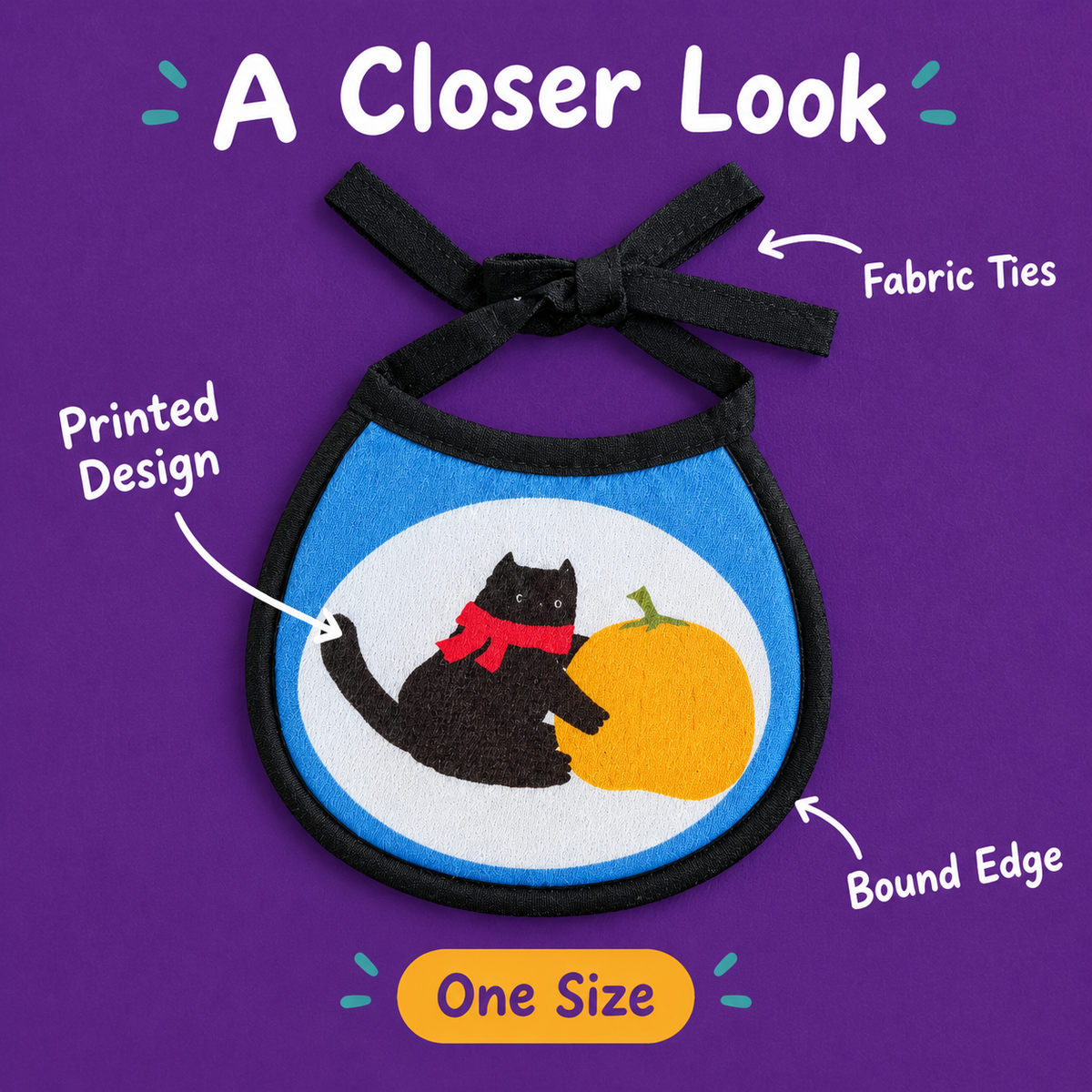 A Closer Look: LitterBond Printed Halloween Bib, Printed Design, Bound Edge, Fabric Ties