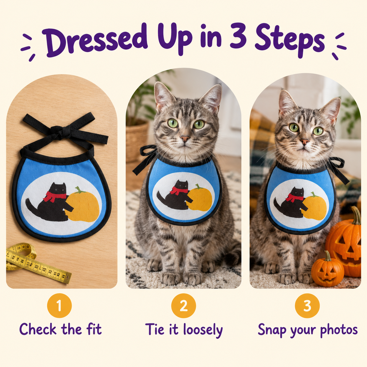 How to put on the LitterBond Printed Halloween Bib in 3 steps