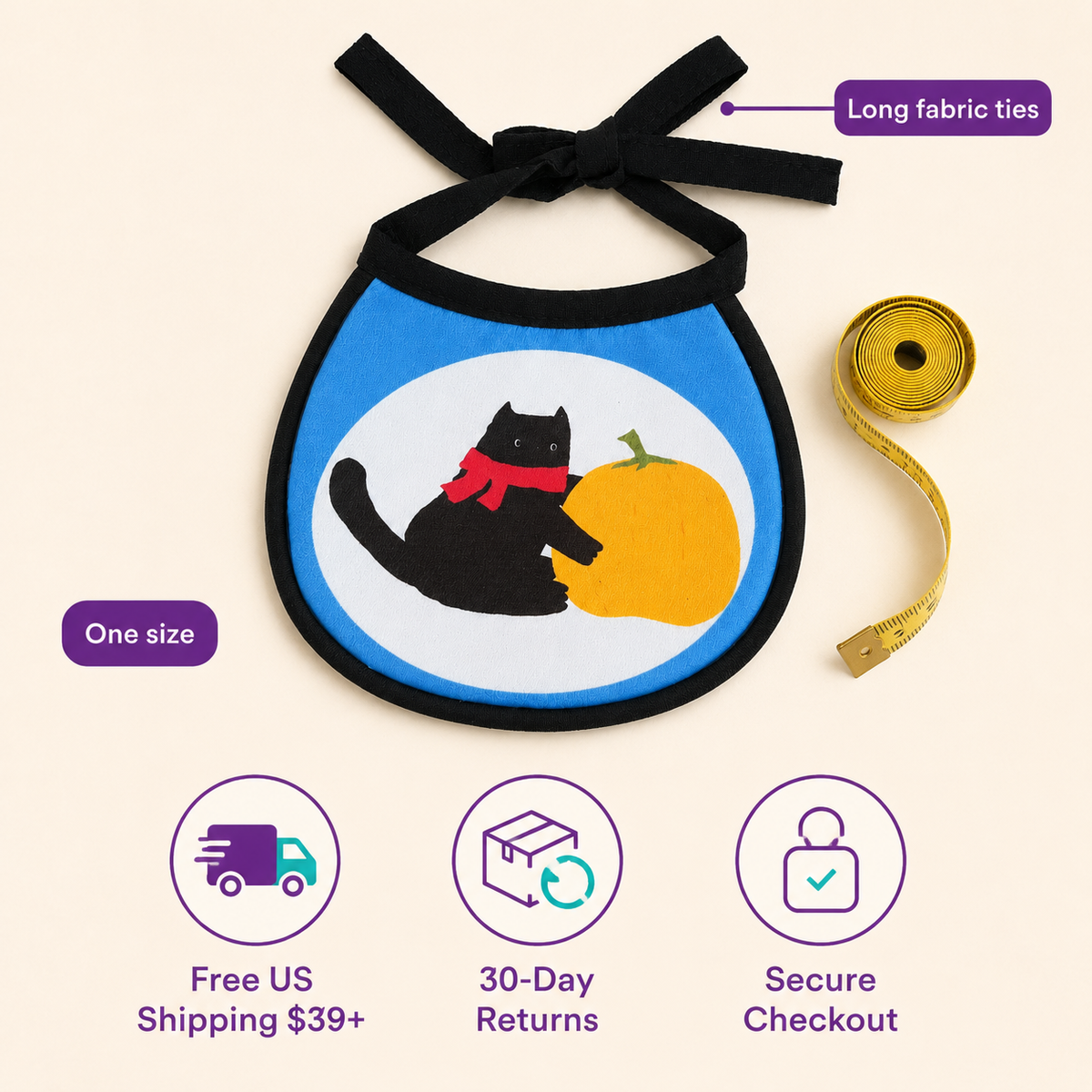 LitterBond Printed Halloween Bib size guide: Long fabric ties, One size; free US shipping on $39+, 30-day returns