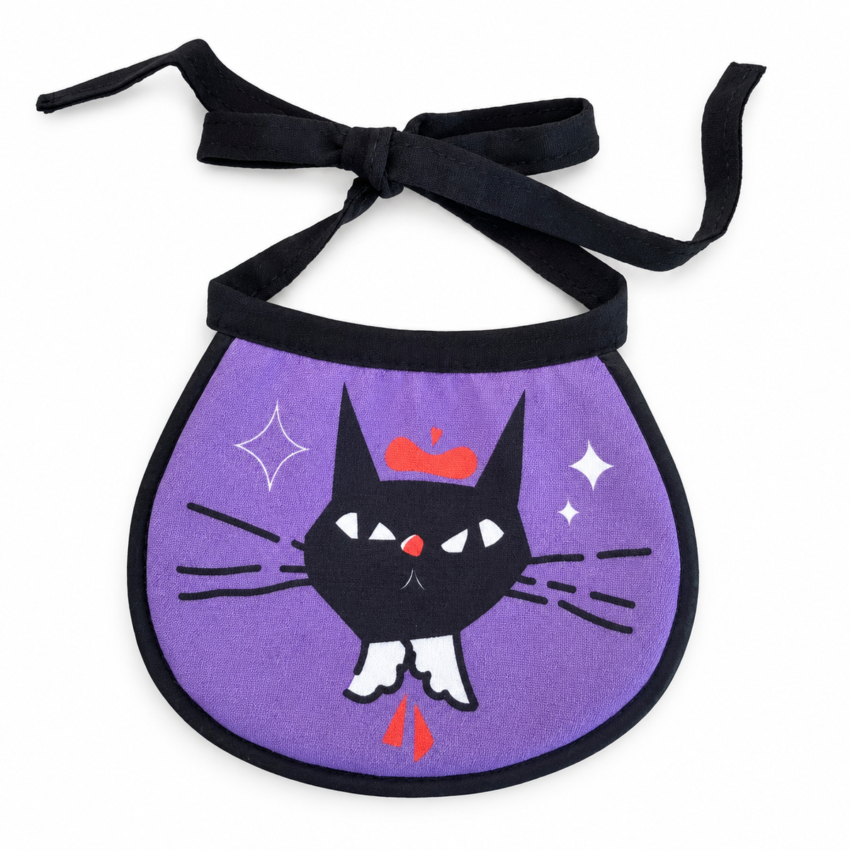 LitterBond Printed Halloween Bib, Purple Kitty, on a white background