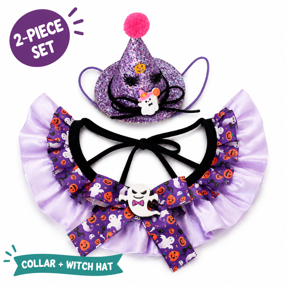 LitterBond Satin Ruffle Collar & Glitter Witch Hat Set on a white background, Collar + witch hat