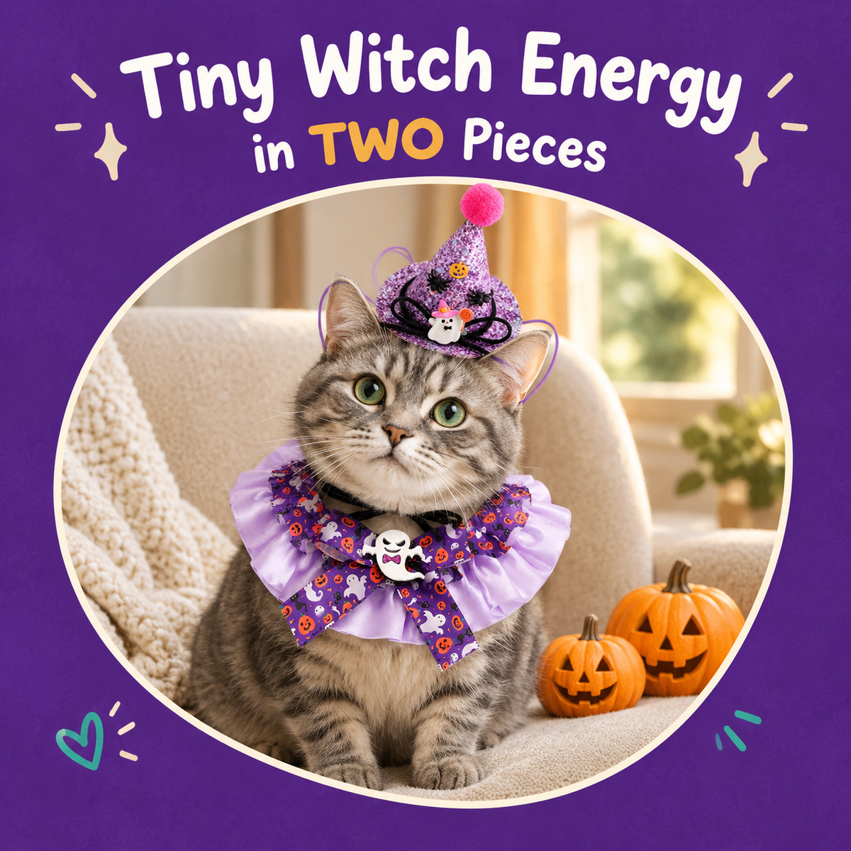 Cat wearing the LitterBond Satin Ruffle Collar & Glitter Witch Hat Set: Tiny Witch Energy in TWO Pieces
