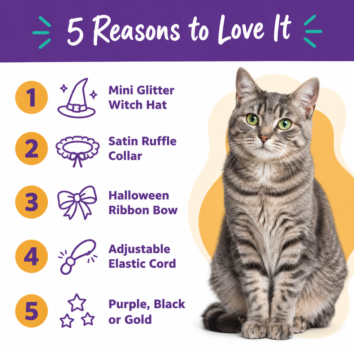 5 reasons to love the LitterBond Satin Ruffle Collar & Glitter Witch Hat Set