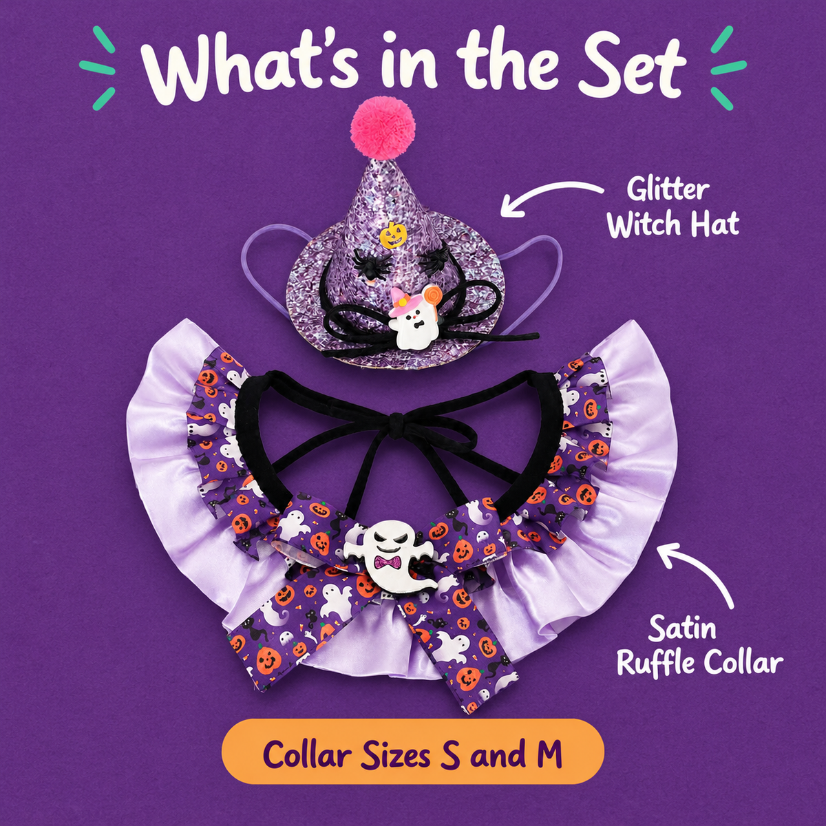 What's in the Set: LitterBond Satin Ruffle Collar & Glitter Witch Hat Set, Glitter Witch Hat, Satin Ruffle Collar