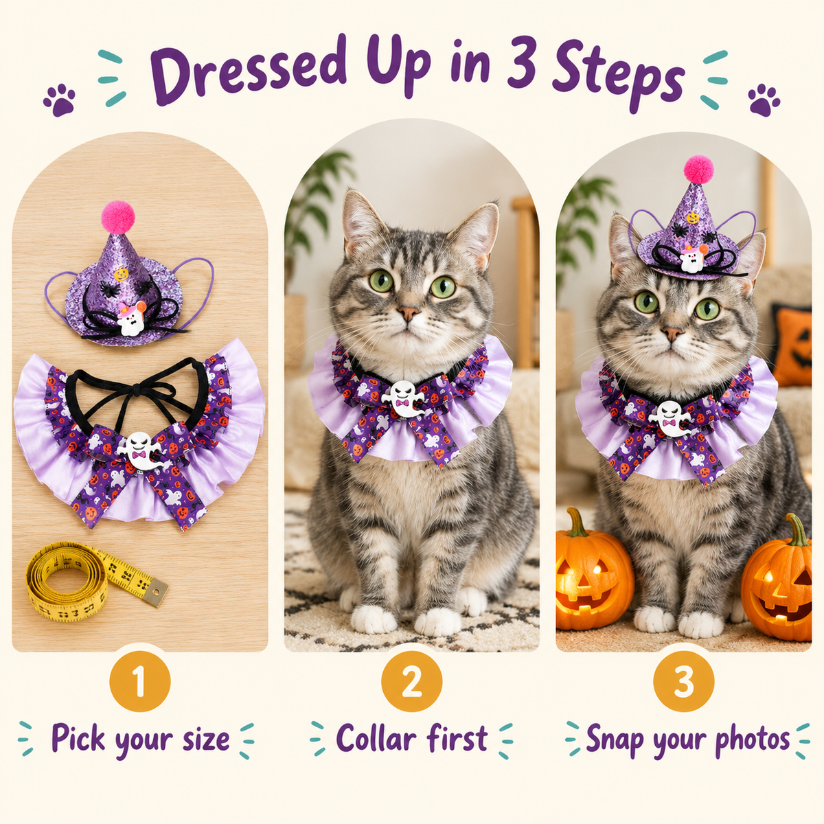 How to put on the LitterBond Satin Ruffle Collar & Glitter Witch Hat Set in 3 steps