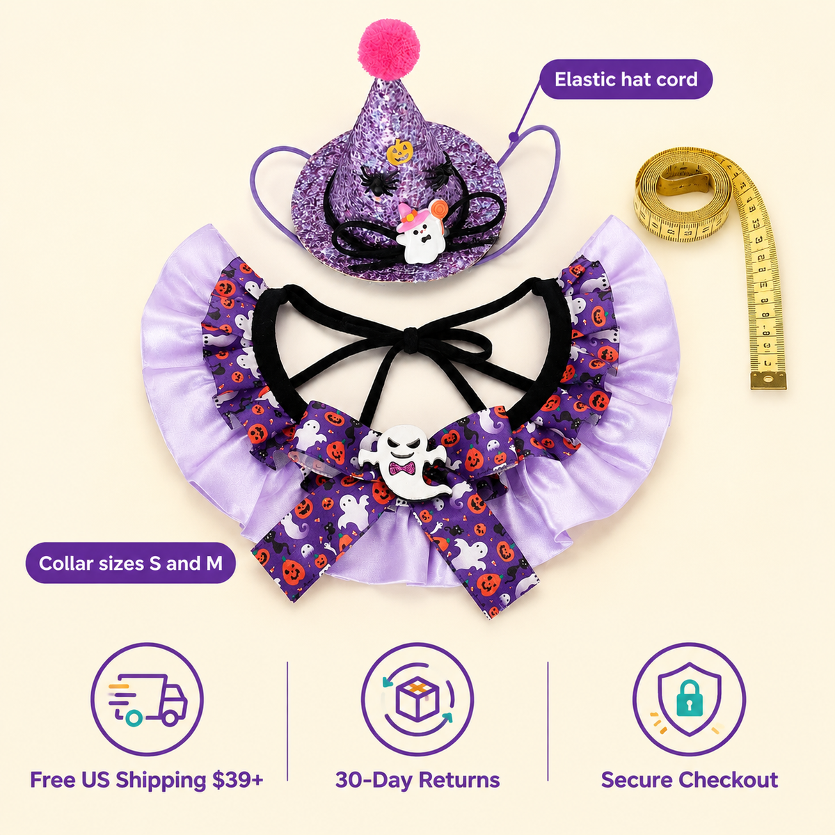 LitterBond Satin Ruffle Collar & Glitter Witch Hat Set size guide: Elastic hat cord, Collar sizes S and M; free US shipping on $39+, 30-day returns