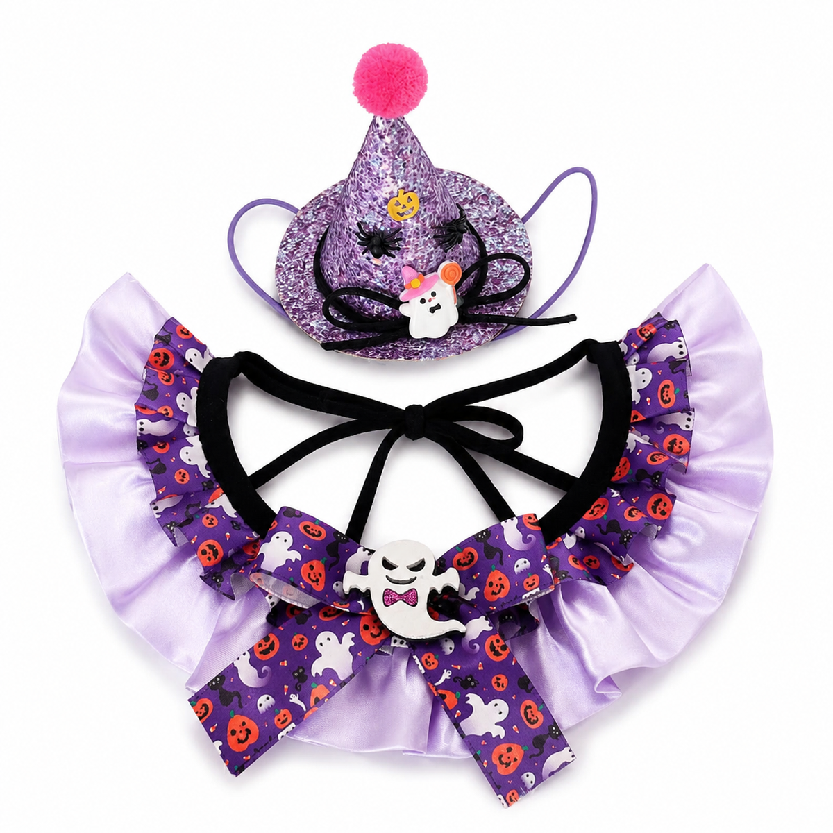 LitterBond Satin Ruffle Collar & Glitter Witch Hat Set, Purple Set, on a white background