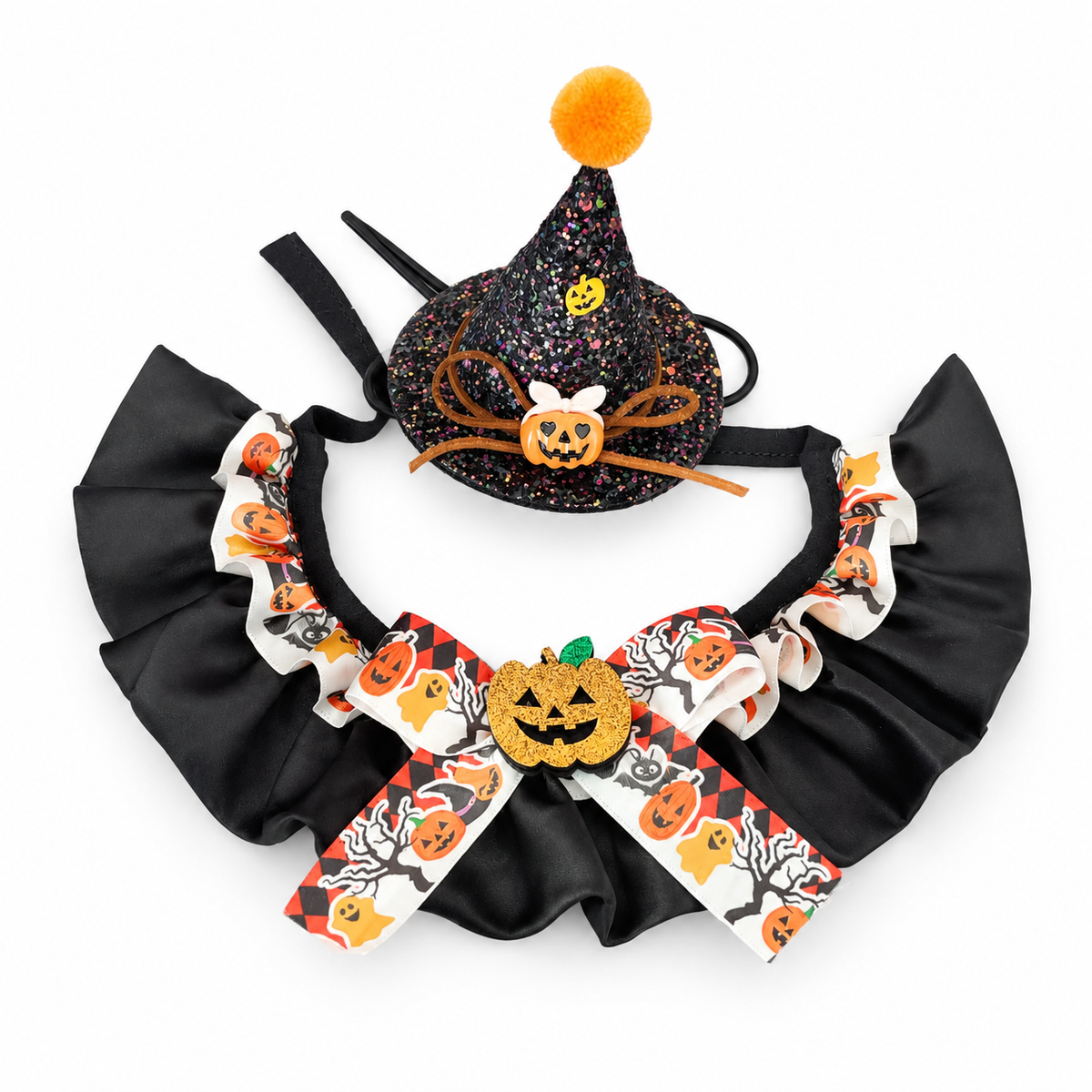 LitterBond Satin Ruffle Collar & Glitter Witch Hat Set, Black Set, on a white background