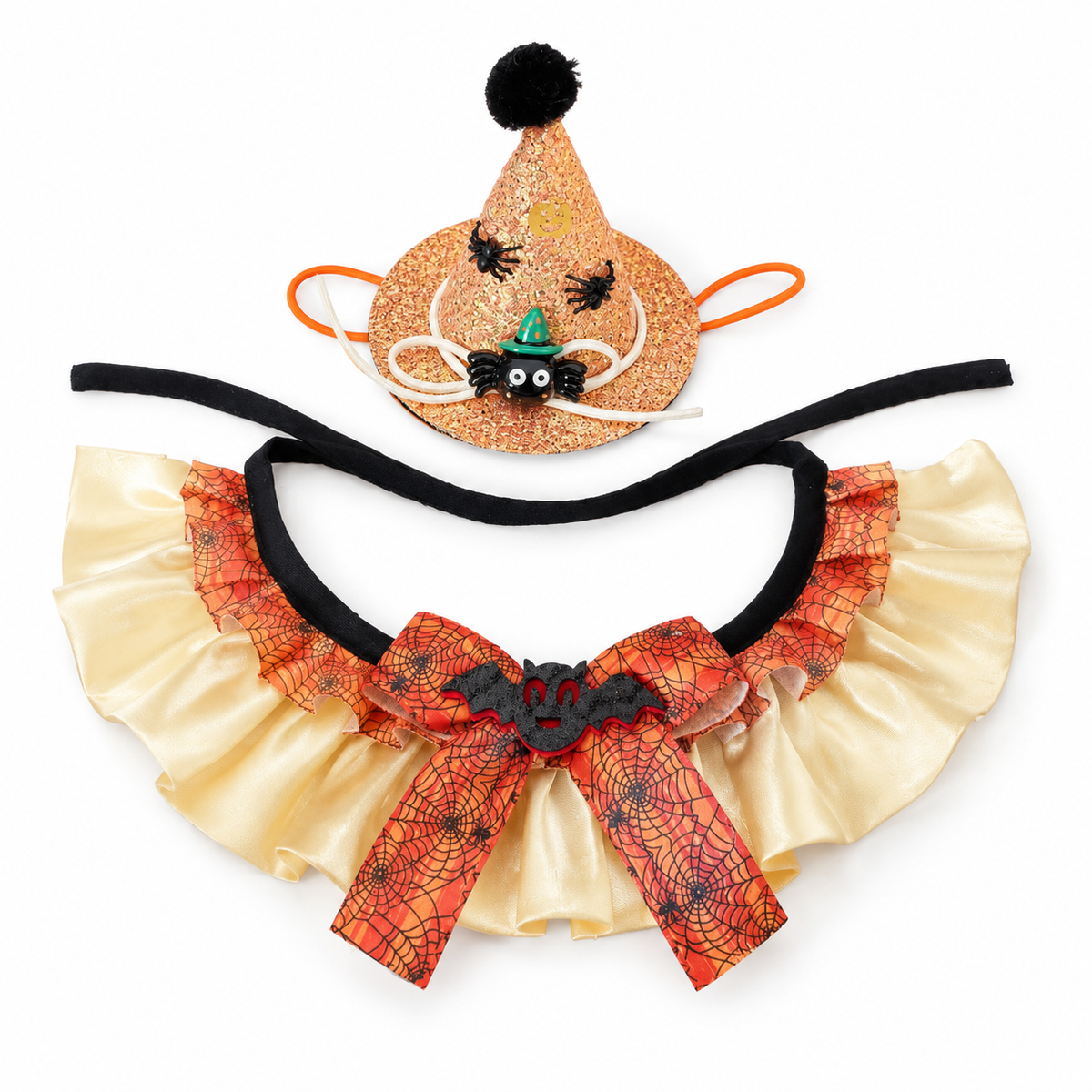 LitterBond Satin Ruffle Collar & Glitter Witch Hat Set, Gold & Orange Set, on a white background