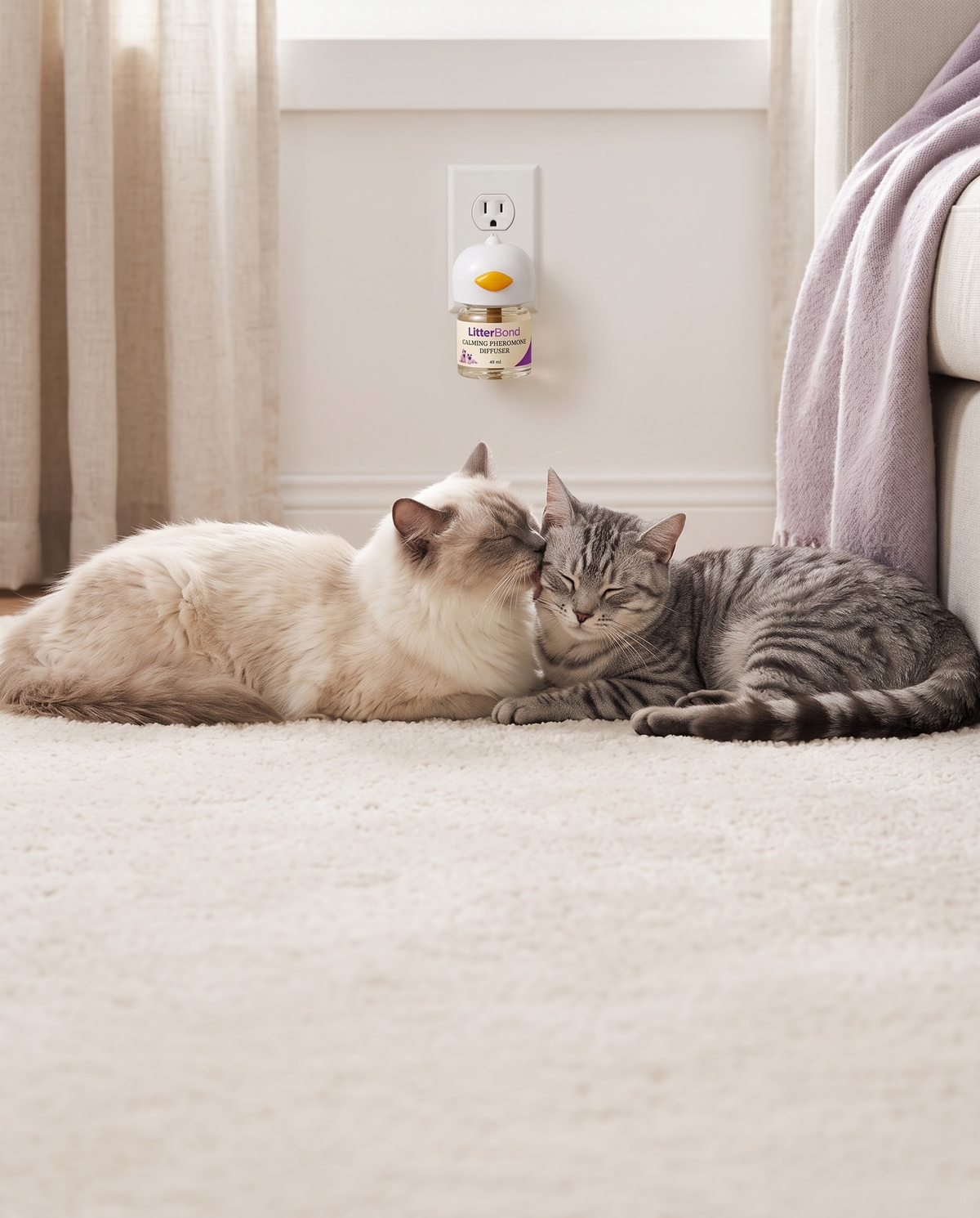 Two cats resting together near a LitterBond plug-in calming diffuser