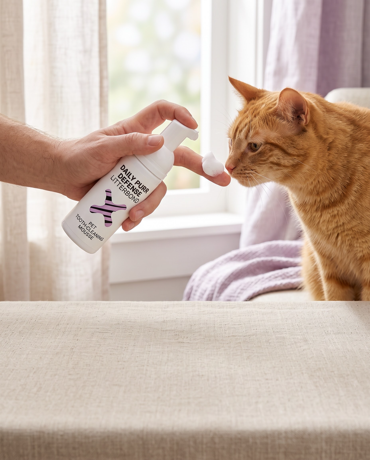 Orange tabby cat sniffing Daily Purr Defense dental foam on a fingertip