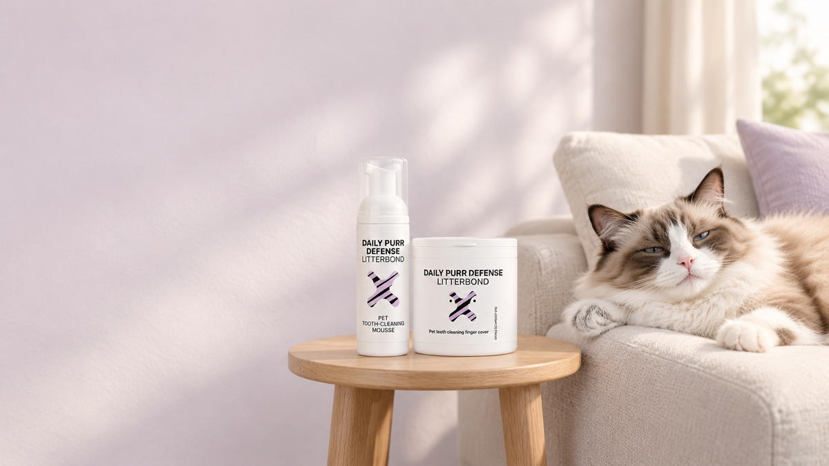 Relaxed Ragdoll cat on a linen sofa next to LitterBond Daily Purr Defense dental foam and PurrWipes