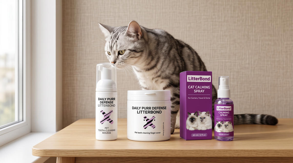 Tabby cat sniffing LitterBond dental foam, PurrWipes and calming spray on a wooden table