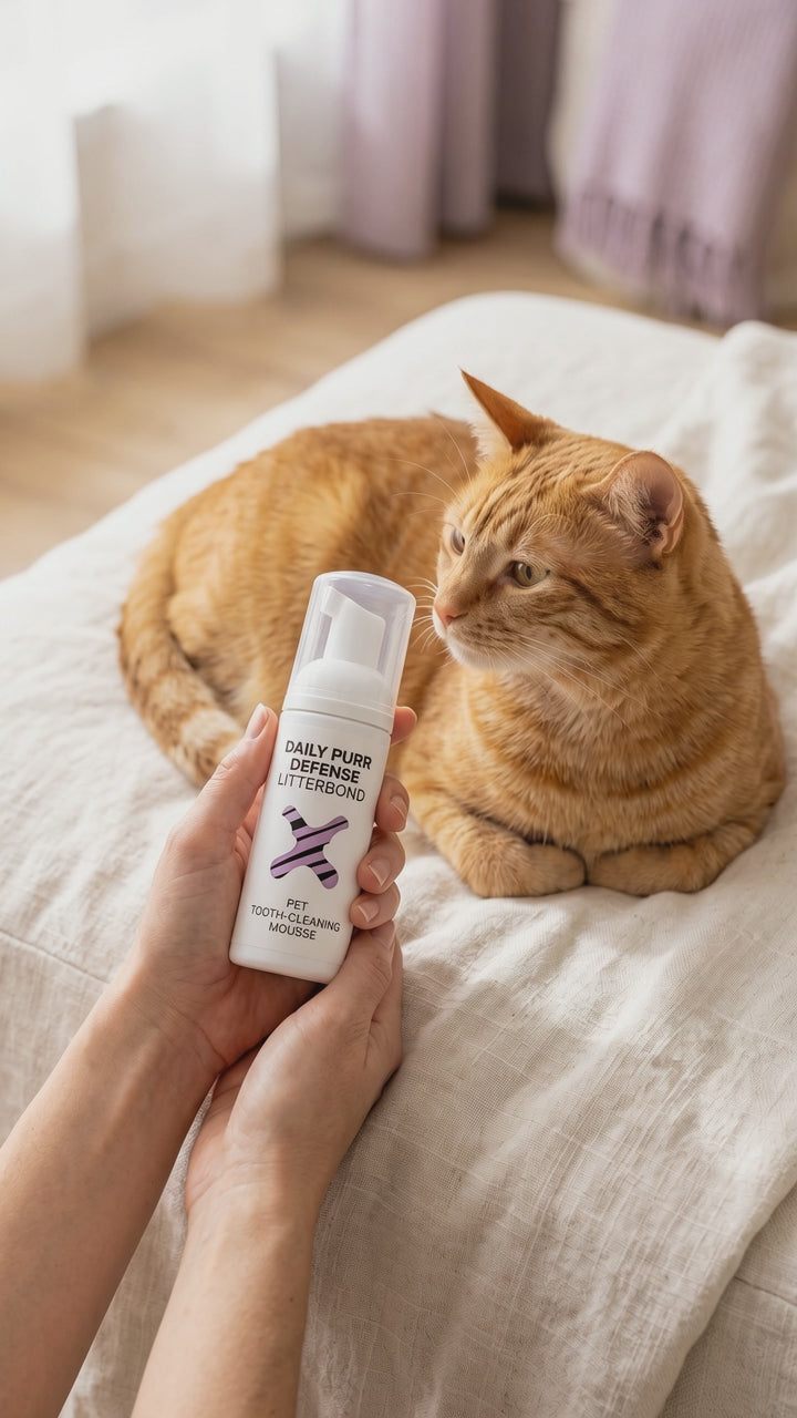 Orange tabby cat sniffing Daily Purr Defense dental foam
