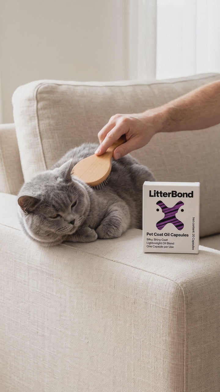 Gray cat being gently brushed next to a LitterBond coat oil box