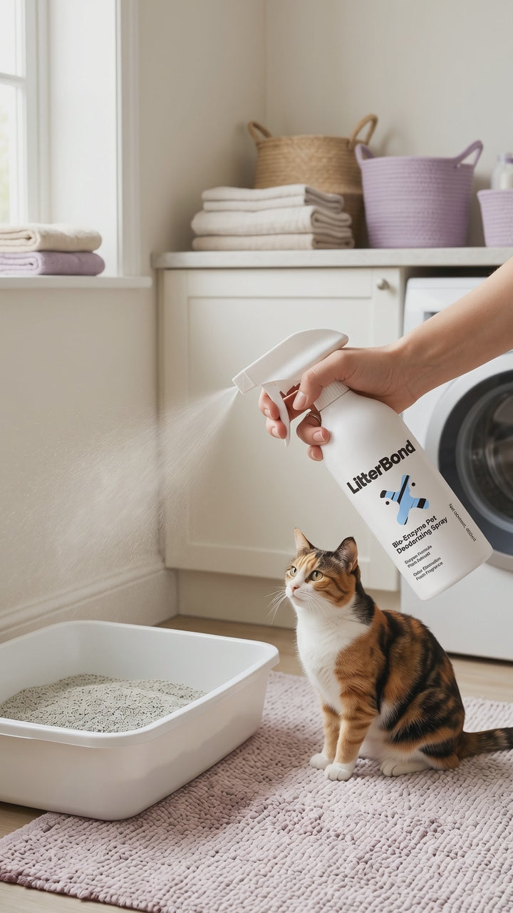 Hand spraying LitterBond odor eliminator on a rug near a litter box while a calico cat watches