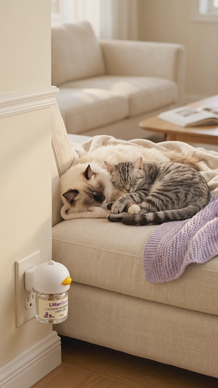 Two cats sleeping together on a sofa near a LitterBond plug-in calming diffuser